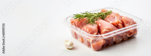 Raw chicken with herbs in a plastic pack, great for cooking-themed banners.