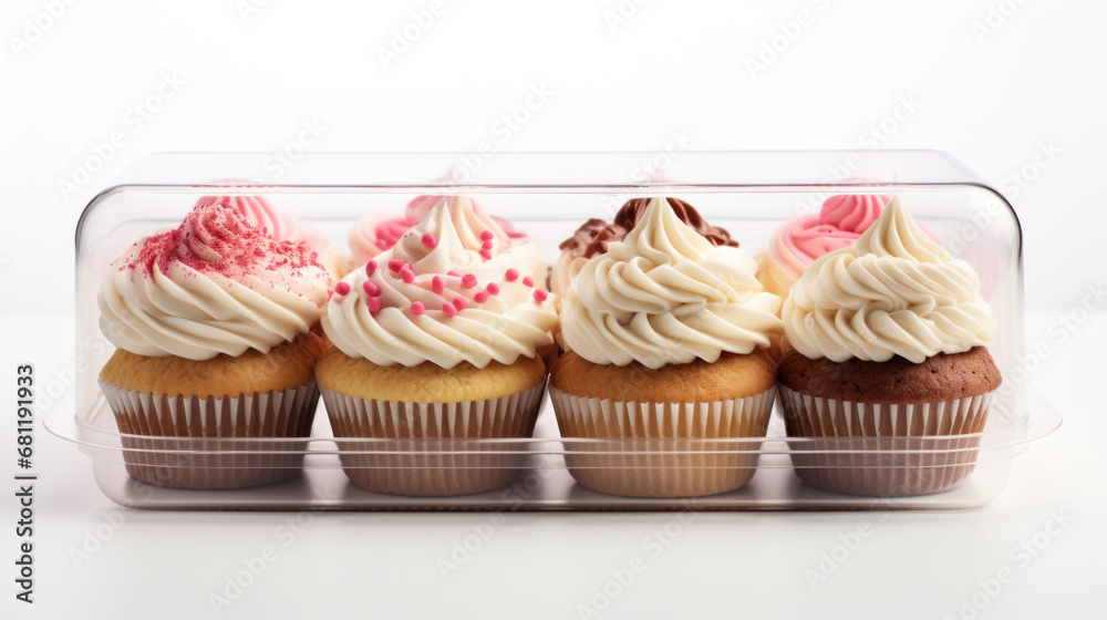 A variety of beautifully decorated cupcakes in a transparent case, displayed against a neutral background.