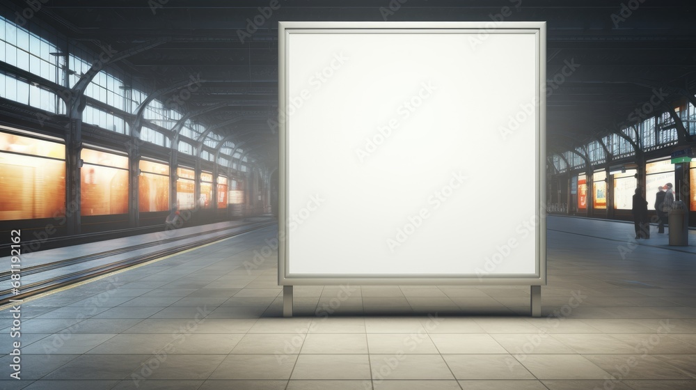 Empty white billboard at train station, ideal for ad renderings.
