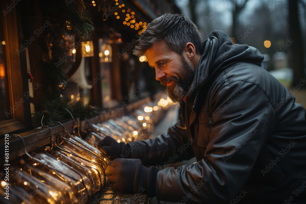 portrait of a man decorating the facade of a house with garlands for Christmas