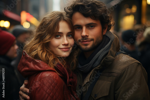 portrait of a young beautiful couple hugging on the street