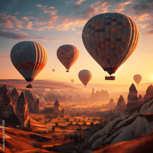 hot air balloons flying over cappadocia at sunrise. Generative AI