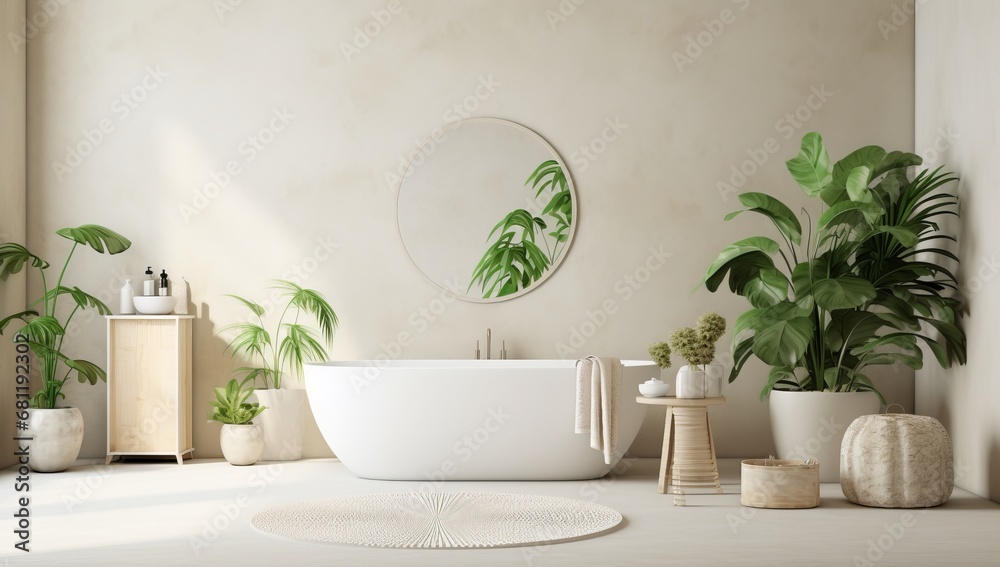 A Serene Oasis: A White Bathtub Surrounded by Lush Potted Plants