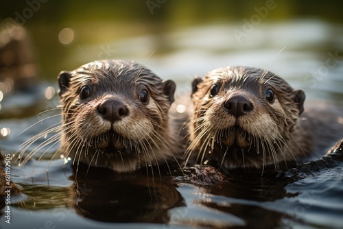 Two otters are swimming in the water. Generative AI. © serg3d