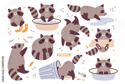 Cute funny raccoon kawaii characters eating, overeating, playing, whooping up, sleeping and relaxing