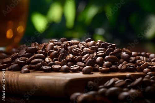 Coffee beans on a wooden board