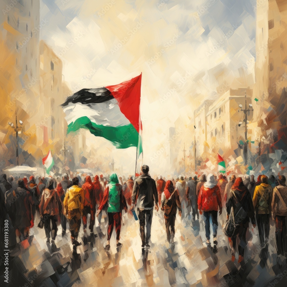 Fototapeta premium City Crowd with Flag and Smoke in Urban Society