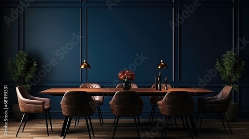 Home mockup, modern dark blue dining room interior with brown leather chairs, wooden table and decor. photo