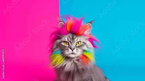 happy pet with crazy hairstyle on a bright colorful background.pop art style. creative concept for pet grooming salon. copy space © ALL YOU NEED studio