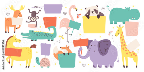 Cute wild zoo animals holding blank banners empty signs with copy space vector illustration
