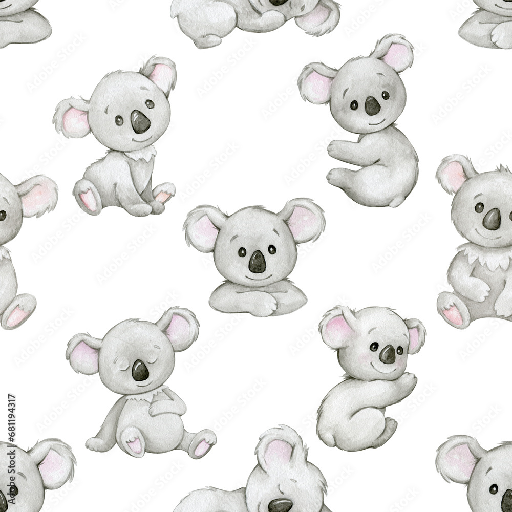 koala, cute animals in cartoon style, watercolor seamless pattern