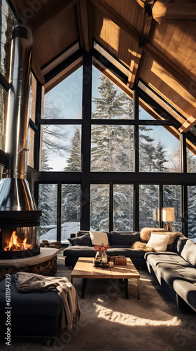 A chalet with a glass roof and a snowy American finish outside the fireplace