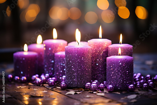 Abstract Advent, Four Purple Candles With Soft Blurry Lights And Glittering On Flames