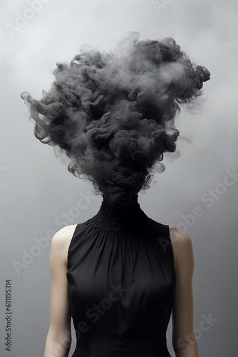Woman in black dress vanishing in a dark black smoke from head, surreal emotional concept. photo