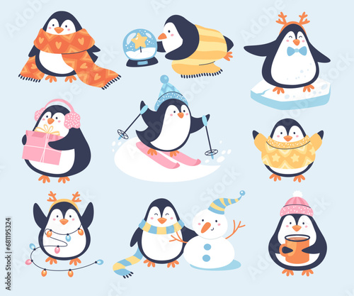 Cute Christmas penguins mascot celebrating winter holidays, having fun vector illustration set