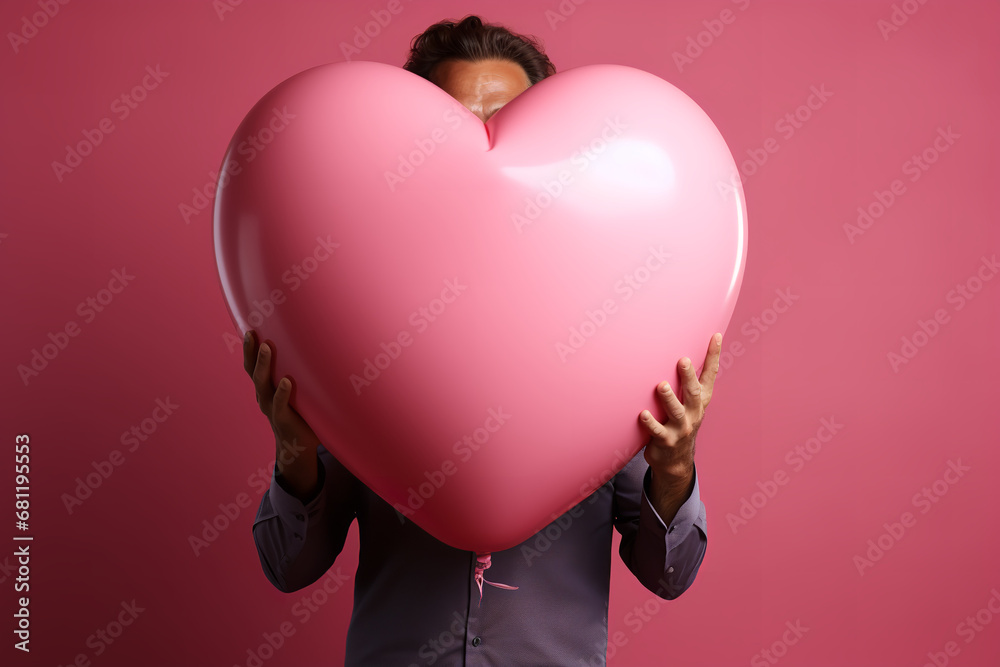 Valentine's day, man in holding a big balloon in the shape of a heart on a pink background Valentine's day, man in holding a big balloon in the shape of a heart on a pink background