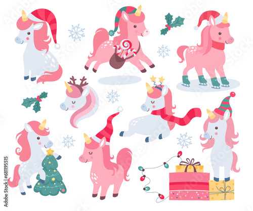 Cute Christmas unicorn magic character in red festive hat doing different winter activities set