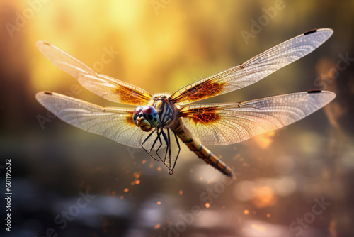 A dragonfly in mid-flight, wings glistening in the sunlight.