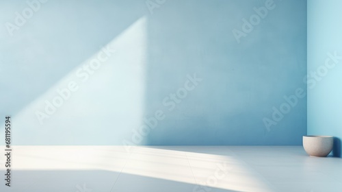 Baby blue room with natural light  ideal for product rendering or advertising scenes.