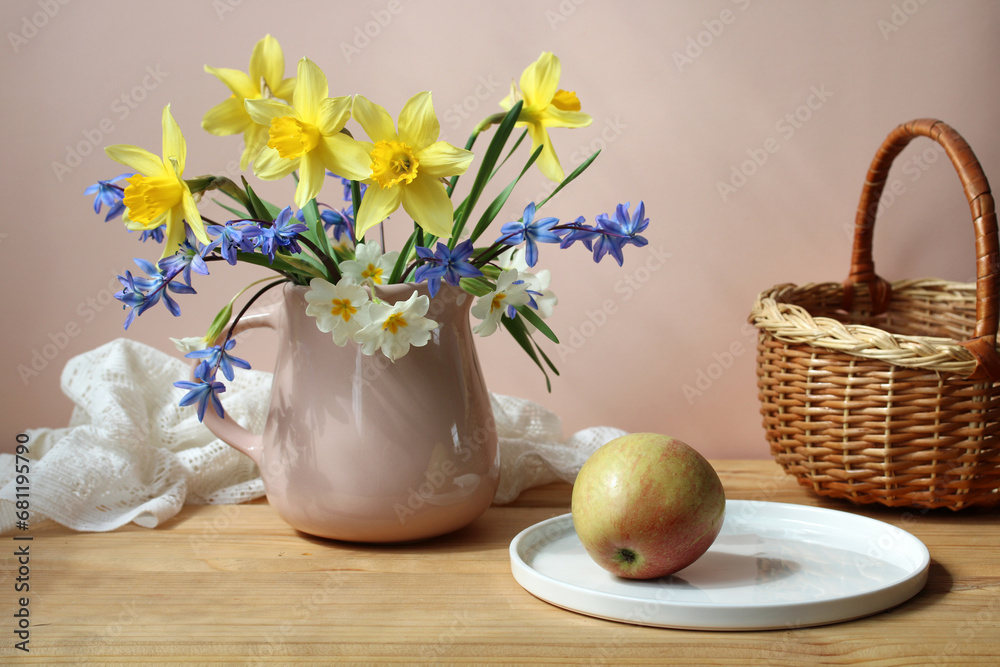bouquet with daffodils, garden flowers. spring, rural composition, cottage core.
