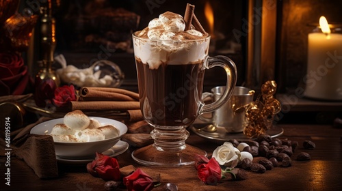 hot steamy mug of cocoa with wipped cream on top, with cherry and cinnamon for decoration, chocolate flakes, fireplace in the background, copy space, 16:9 © Christian