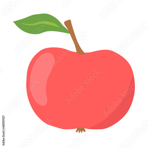 Red apple fruit with stalk and green leaf, vector