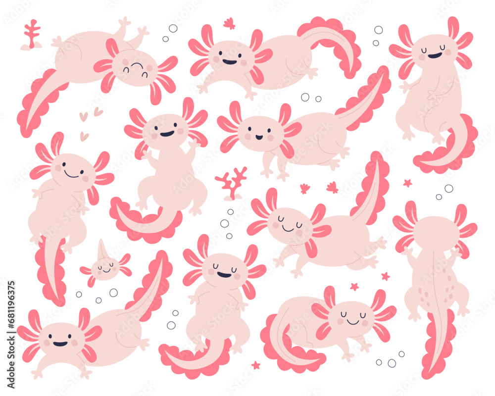 Obraz premium Cute axolotl characters with happy smiling emotion on face isolated set vector illustration
