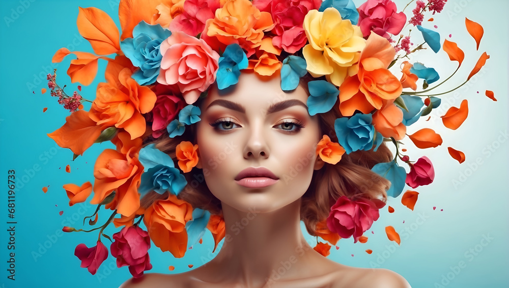 Beautiful girl with flowers on a blue background. Stunning brunette girl with vivid flowers on her head. Closeup of young beautiful woman with a healthy clean skin. Pretty woman with bright makeup Beautiful girl with flowers on a blue background. Stunning brunette girl with vivid flowers on her head. Closeup of young beautiful woman with a healthy clean skin. Pretty woman with bright makeup