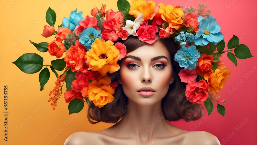 Surreal vivid woman portrait with flowers. Woman with flowers on head. Young beautiful woman with a healthy clean skin. Pretty woman with bright makeup