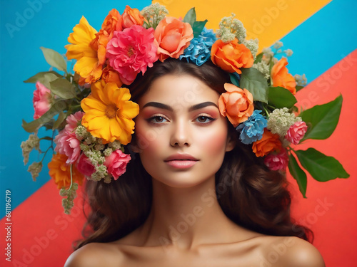 Beautiful girl with flowers on colorful background. Portrait of girl with flower crown. Young beautiful woman with a healthy clean skin. Pretty woman with bright makeup © ArtistiKa