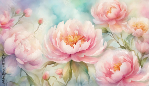 Seamless pattern with peonies, peony flowers pattern on isolated white background, watercolor hand drawing. Generative AI.