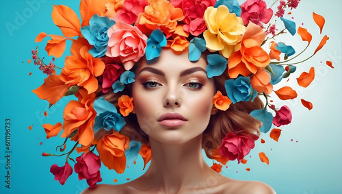 Beautiful girl with flowers on a blue background.  Stunning brunette girl with vivid flowers on her head. Closeup of young beautiful woman with a healthy clean skin. Pretty woman with bright makeup