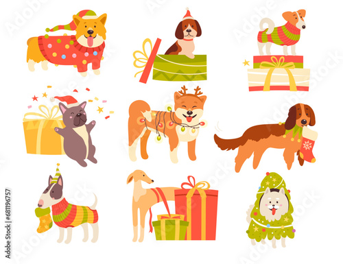 Happy funny Christmas dogs, cheerful cute puppies celebrating and greeting with winter holiday set