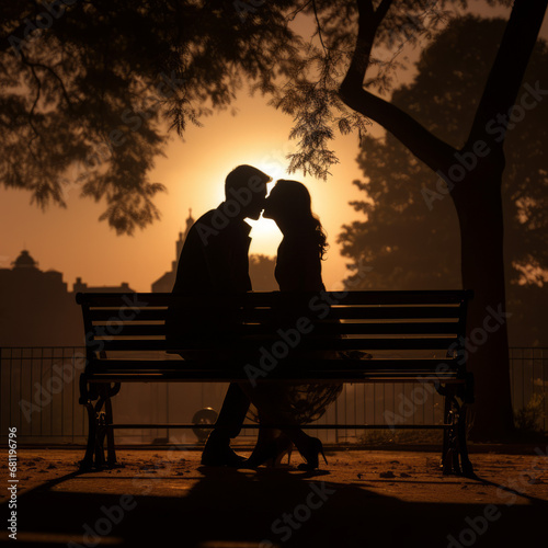 silhouette of a couple in love kissing on the bench in the park at sunset, romance, valentine   © Jasenko