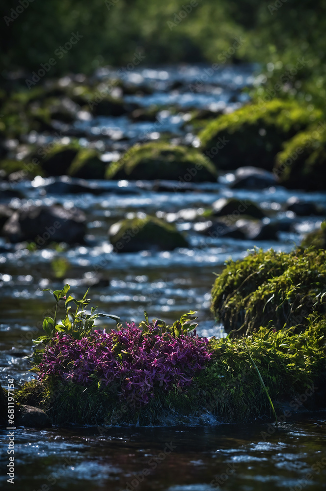 Small river (stream) in the evergreen forest. Crystal clear water, rocks, moss, fern, plants close-up. Natural textures. Atmospheric landscape. Pure nature, environment, ecology Small river (stream) in the evergreen forest. Crystal clear water, rocks, moss, fern, plants close-up. Natural textures. Atmospheric landscape. Pure nature, environment, ecology