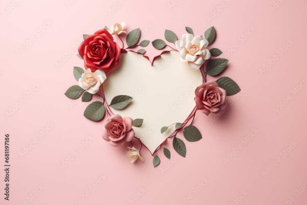 paper heart frame with flowers and leaves on a light pink background, free space for text