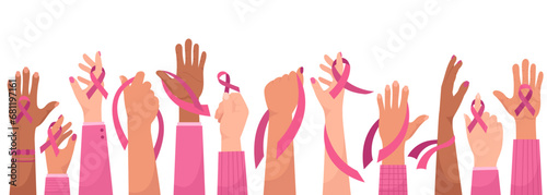 Breast cancer awareness vector illustration with human hands holding pink ribbons support symbol