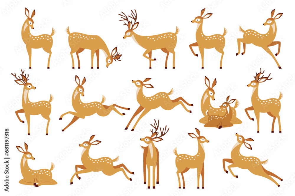 Cartoon deer wild animal forest fauna standing, jumping and grazing set isolated on white background - obrazy, fototapety, plakaty 