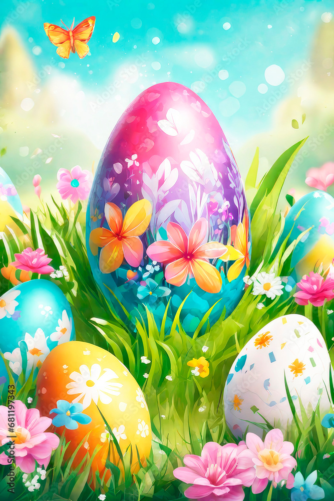 Happy easter greeting card with colourful eggs and flowers. Watercolor. Happy easter greeting card with colourful eggs and flowers. Watercolor.