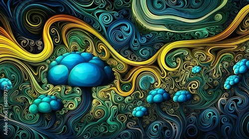 closeup cloud swirls underwater mushroom forest manicured garden eden green blue multiverse cartoon trees abstract fractal automaton marijuana