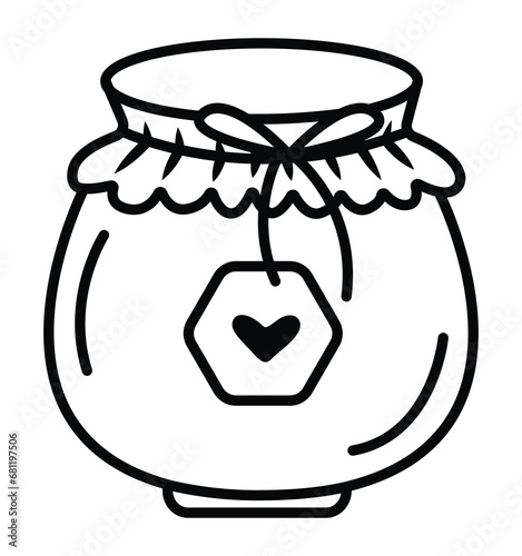 Black line cute jar doodle, vector icon of jam and honey, monochrome pictogram