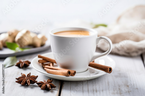 Masala chai tea traditional indian drink with milk and spice on white wooden table