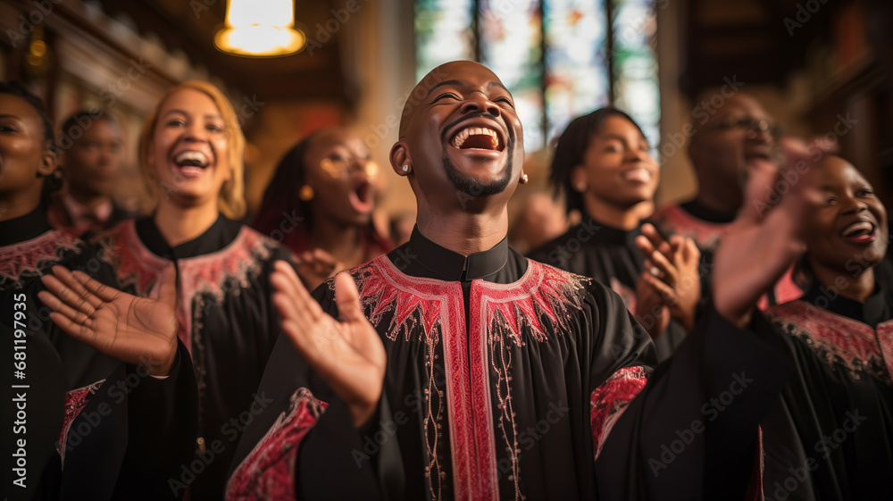 Black christian gospel singers of church praising Jesus Christ. Message of Christianity for christmas song music