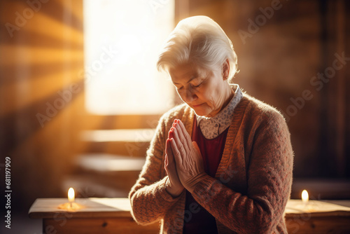 Elder woman pray in church Christian life crisis prayer to god. Hands praying to god with bible on sunlight glare