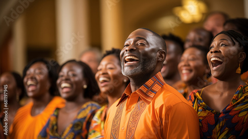 Black christian gospel singers of church praising Jesus Christ. Message of Christianity for christmas song music photo