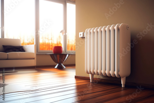 Wallpaper Mural Radiator, room interior, wood floor, gray painted wall, Central heating installation, warm home Torontodigital.ca