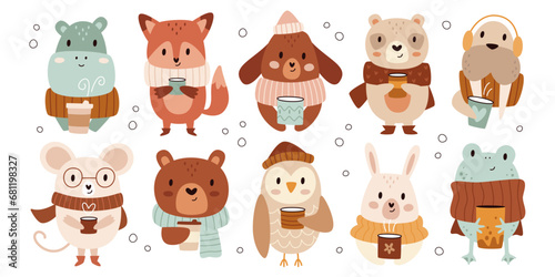 Cute animals and birds kawaii character wearing warm scarf with coffee mug vector illustration