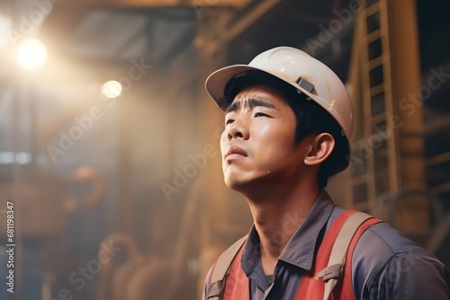 men engineer feeling sick, worker from hard work in factory, sweat, heat, bad air flow