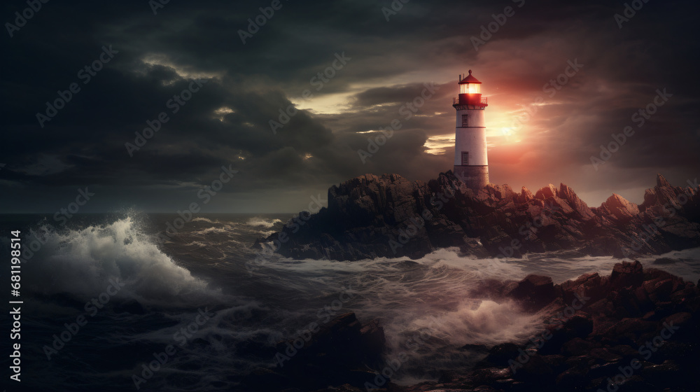 Lighthouse night landscape clouds and sea waves background