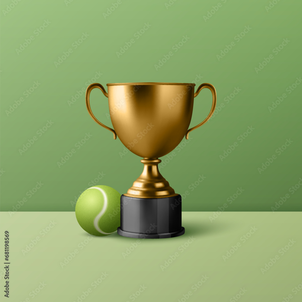 Vector 3d Realistic Blank Golden Champion Cup Icon with Tennis Ball Set Closeup on Green Background. Design Template of Championship Trophy. Sport Tournament Award, Gold Winner Cup and Victory Concept